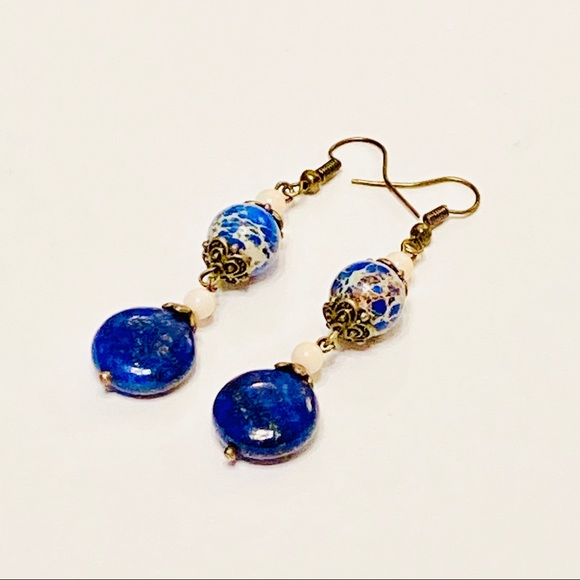 Lapis Lazuli & Blue Sea Sediment Jasper Earrings - Picture 2 of 7
